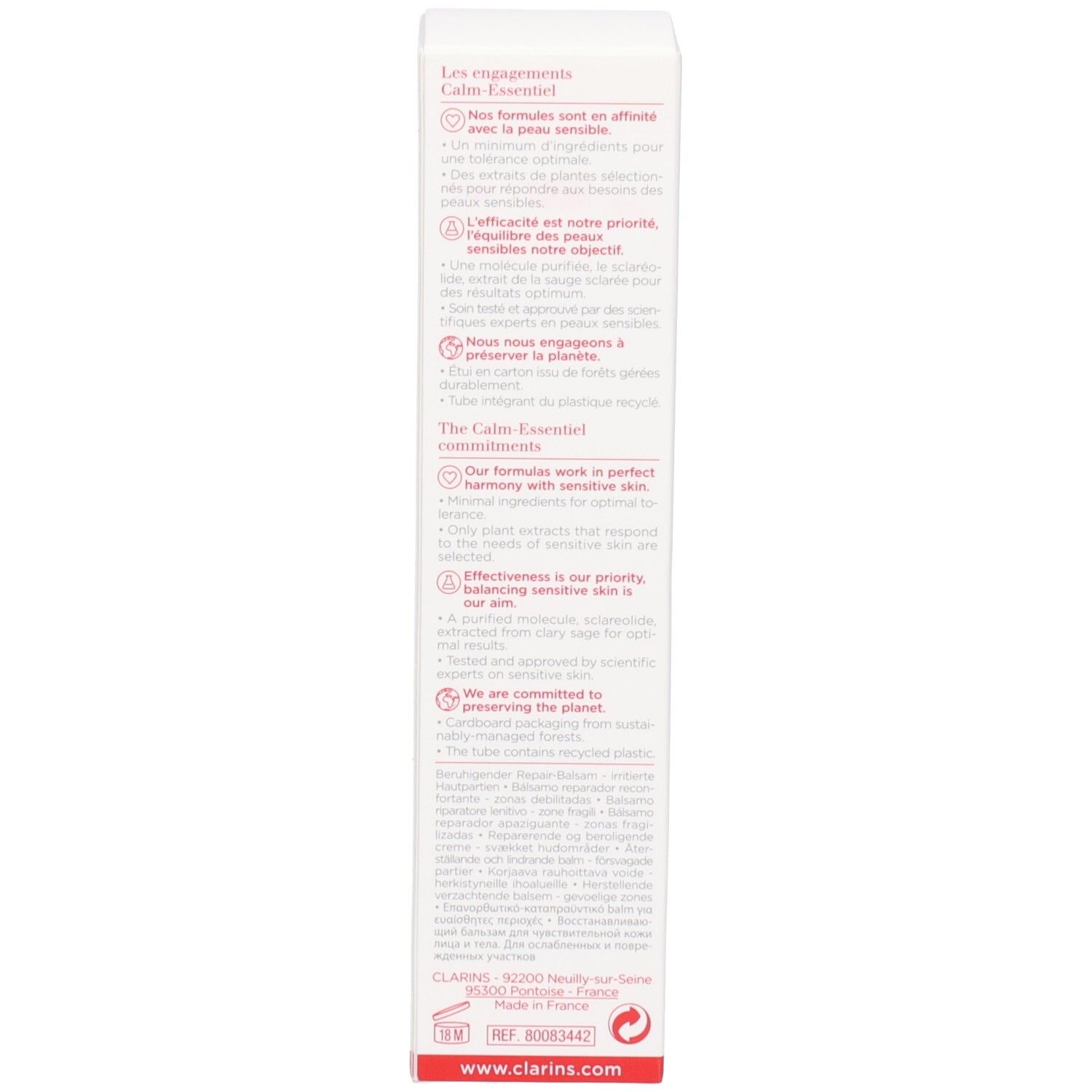 Clarins Calm Essentiel: Produktinformationen und Inhaltsstoffe auf der Verpackungsrückseite.