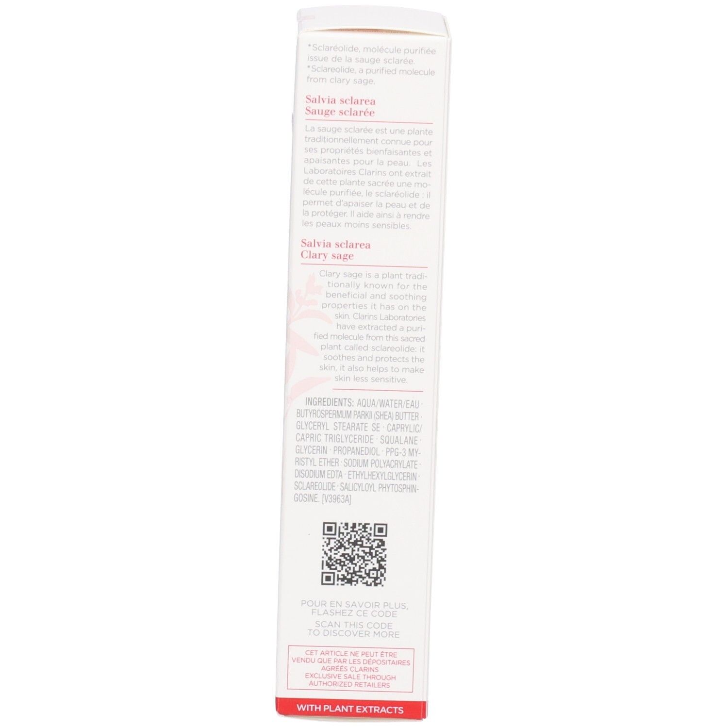 Clarins Calm Essentiel: Inhaltsstoffe und QR-Code auf der Verpackungsrückseite.