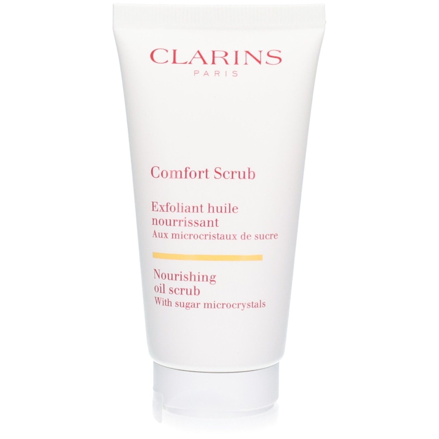 Clarins Comfort Scrub Tube mit 50ml Inhalt. Nährendes Öl-Peeling mit Zuckerkristallen.