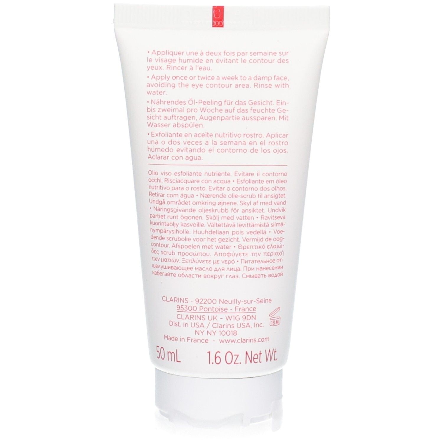 Rückseite der Clarins Comfort Scrub Tube mit Anwendungshinweisen und Inhaltsstoffen.