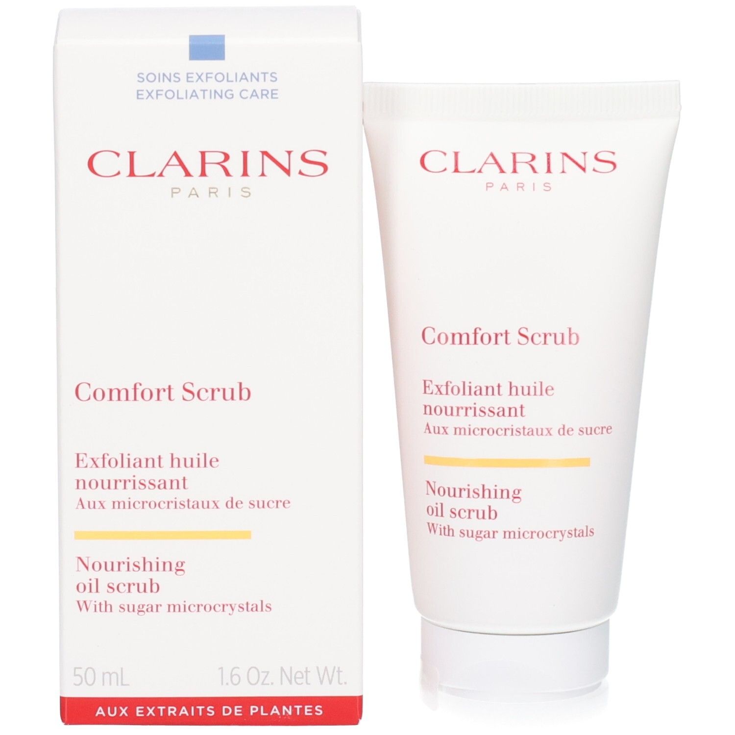 Clarins Comfort Scrub Tube und Faltschachtel. Nährendes Öl-Peeling mit Zuckerkristallen.
