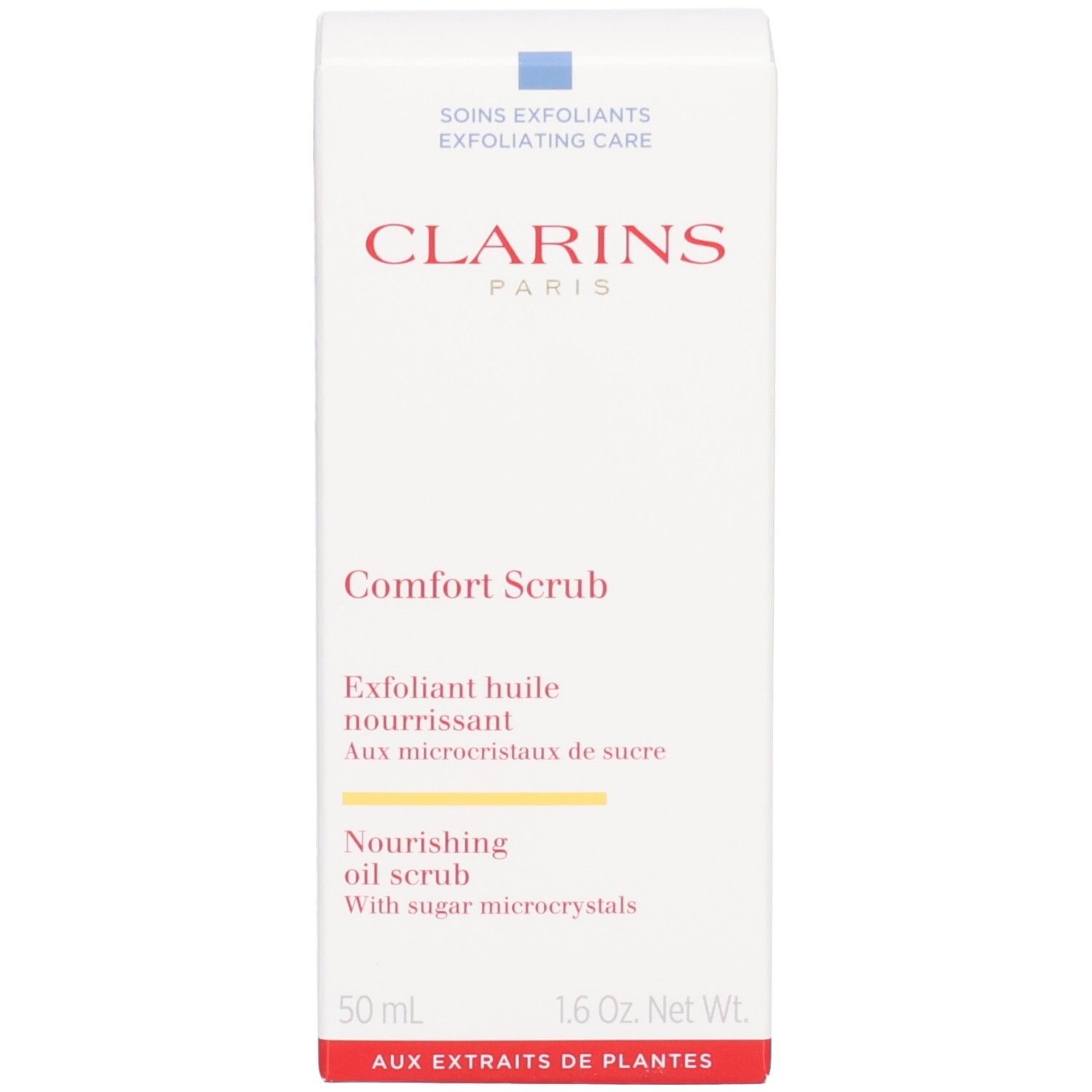 Vorderseite der Faltschachtel Clarins Comfort Scrub. Nährendes Öl-Peeling mit Zuckerkristallen.