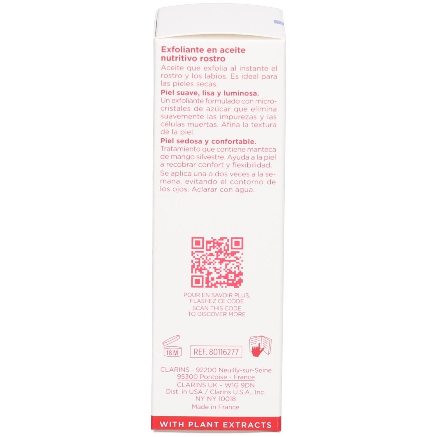 Seite der Faltschachtel Clarins Comfort Scrub mit Produktbeschreibung auf Spanisch und QR-Code.