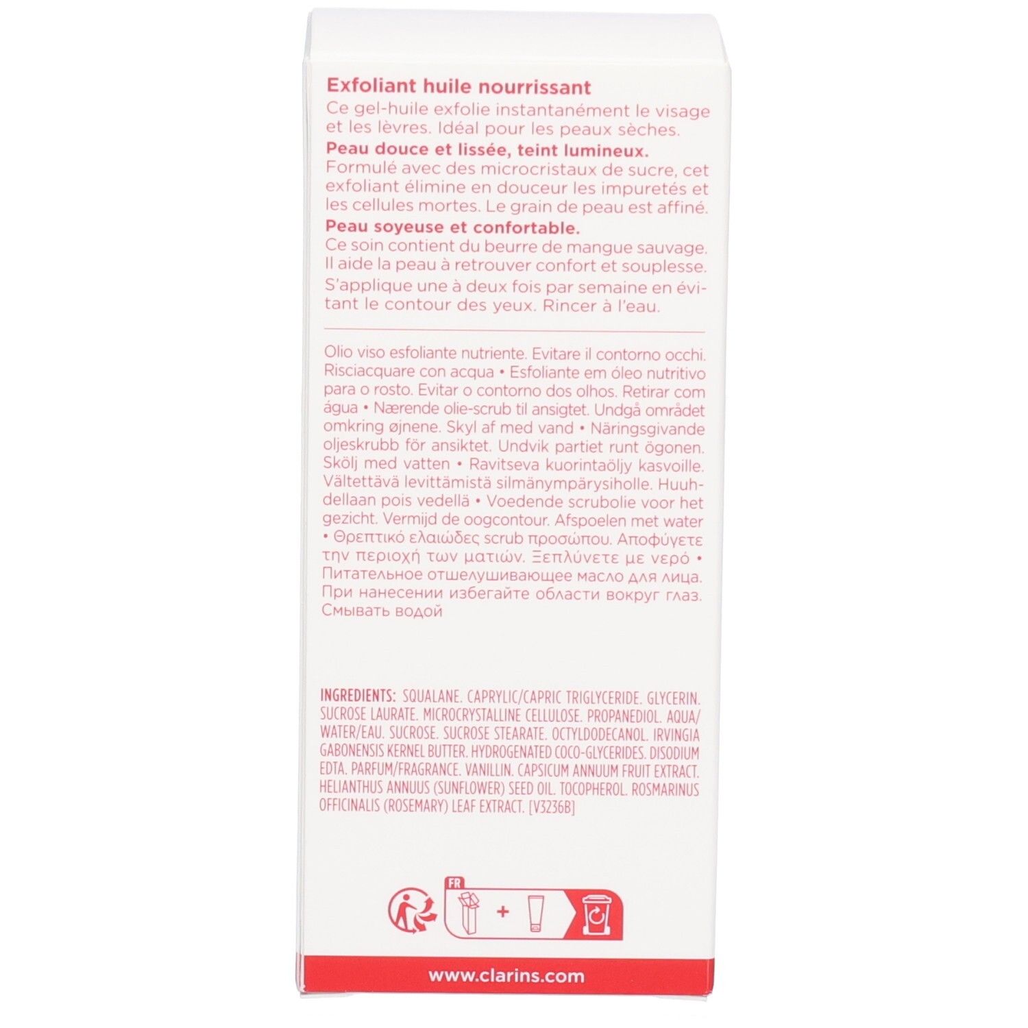 Seite der Faltschachtel Clarins Comfort Scrub mit Produktbeschreibung auf Französisch und Englisch.
