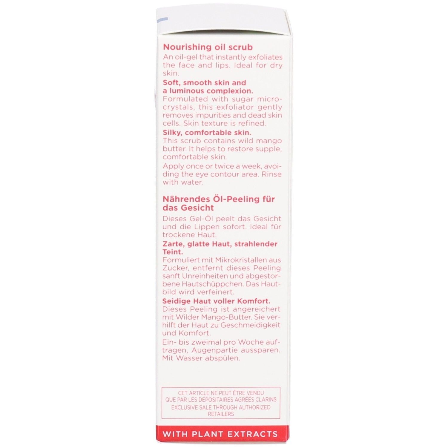 Seite der Faltschachtel Clarins Comfort Scrub mit Produktbeschreibung auf Englisch und Deutsch.