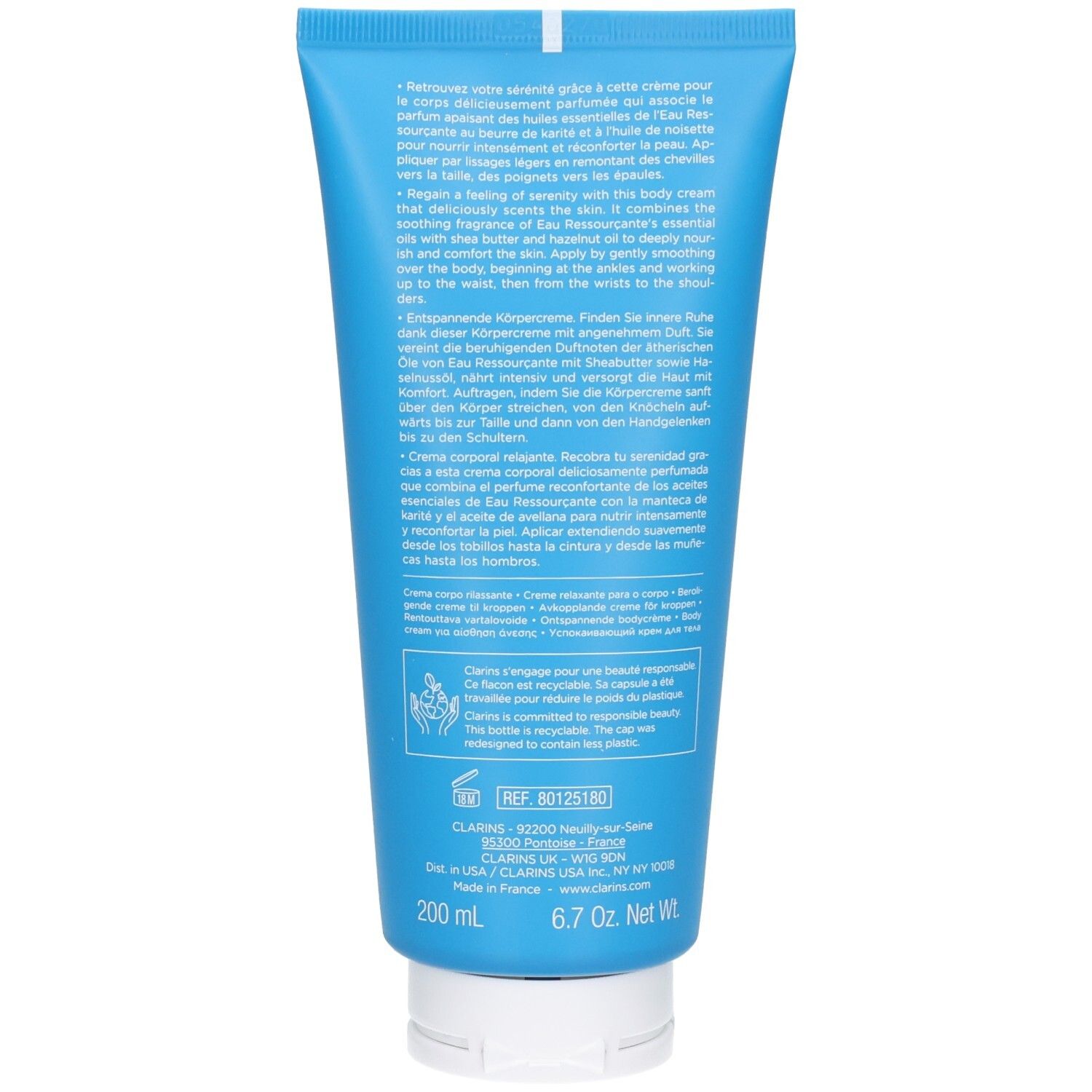 Rückseite der Clarins Eau Ressourçante Körpercreme-Tube mit Produktinformationen und Referenznummer.