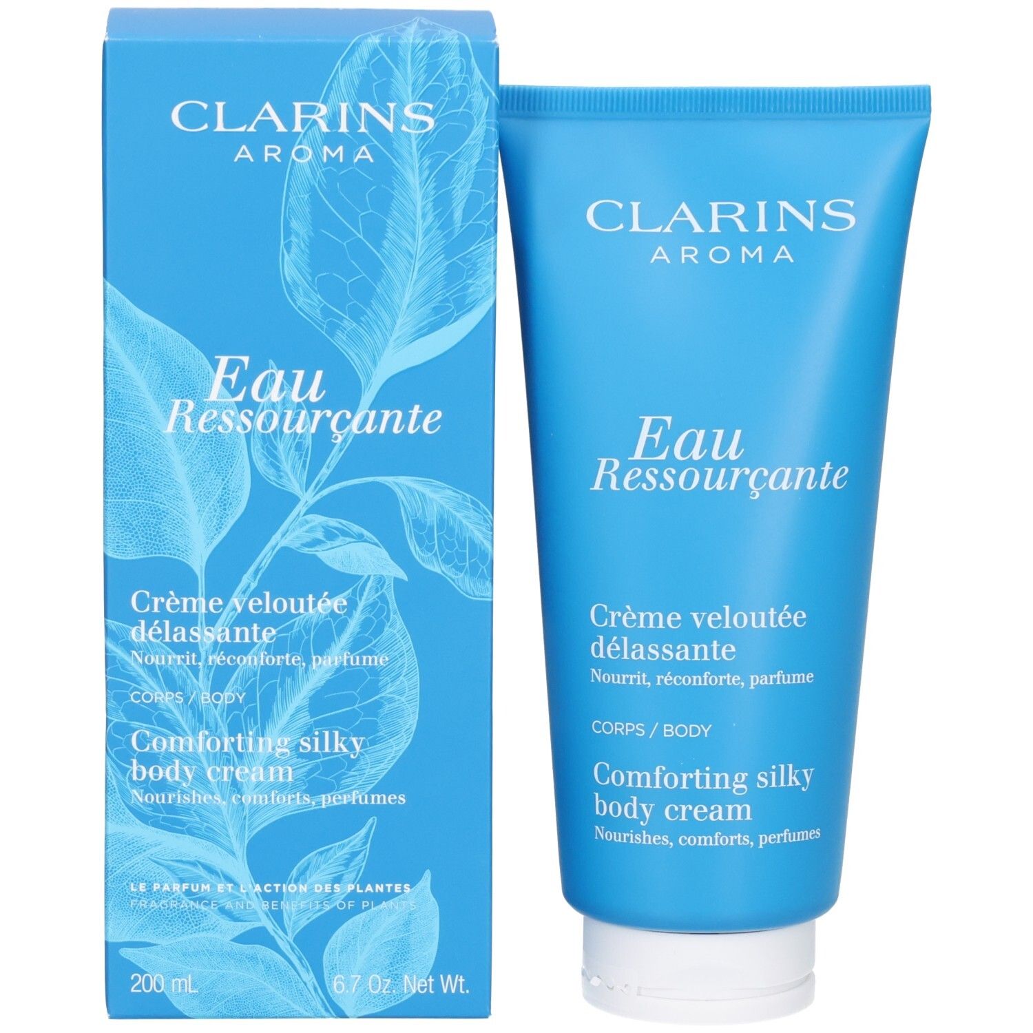 Clarins Eau Ressourçante Körpercreme neben der geöffneten Produktverpackung mit Blattmotiv.