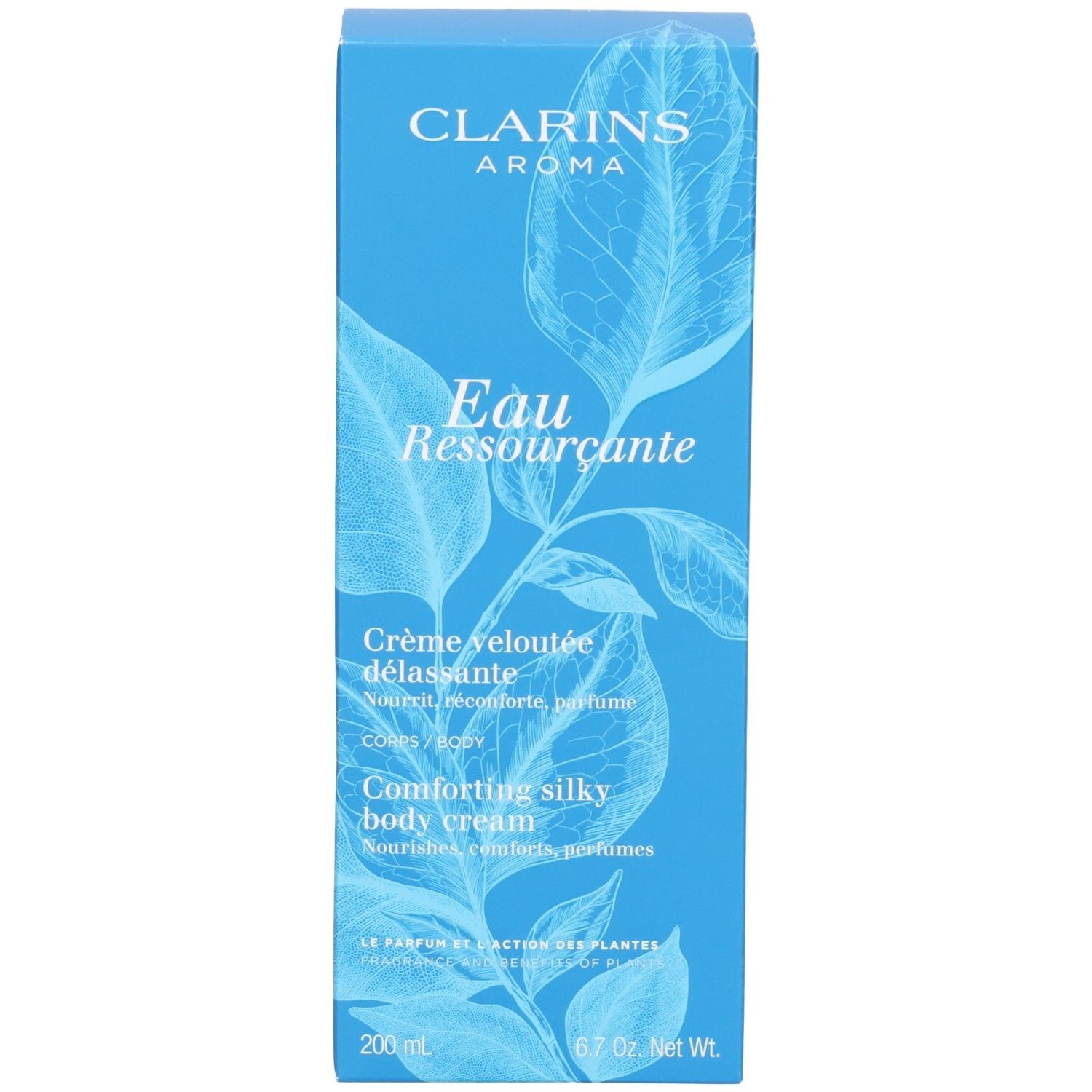 Clarins Eau Ressourçante Körpercreme-Verpackung mit Blattmotiv und Produktinformationen.