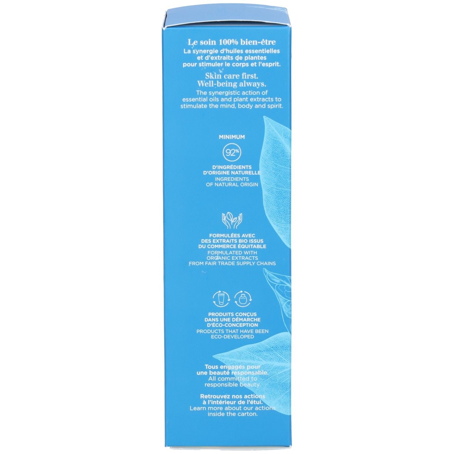 Seite der Clarins Eau Ressourçante Körpercreme-Verpackung mit Informationen zu Inhaltsstoffen und Nachhaltigkeit.