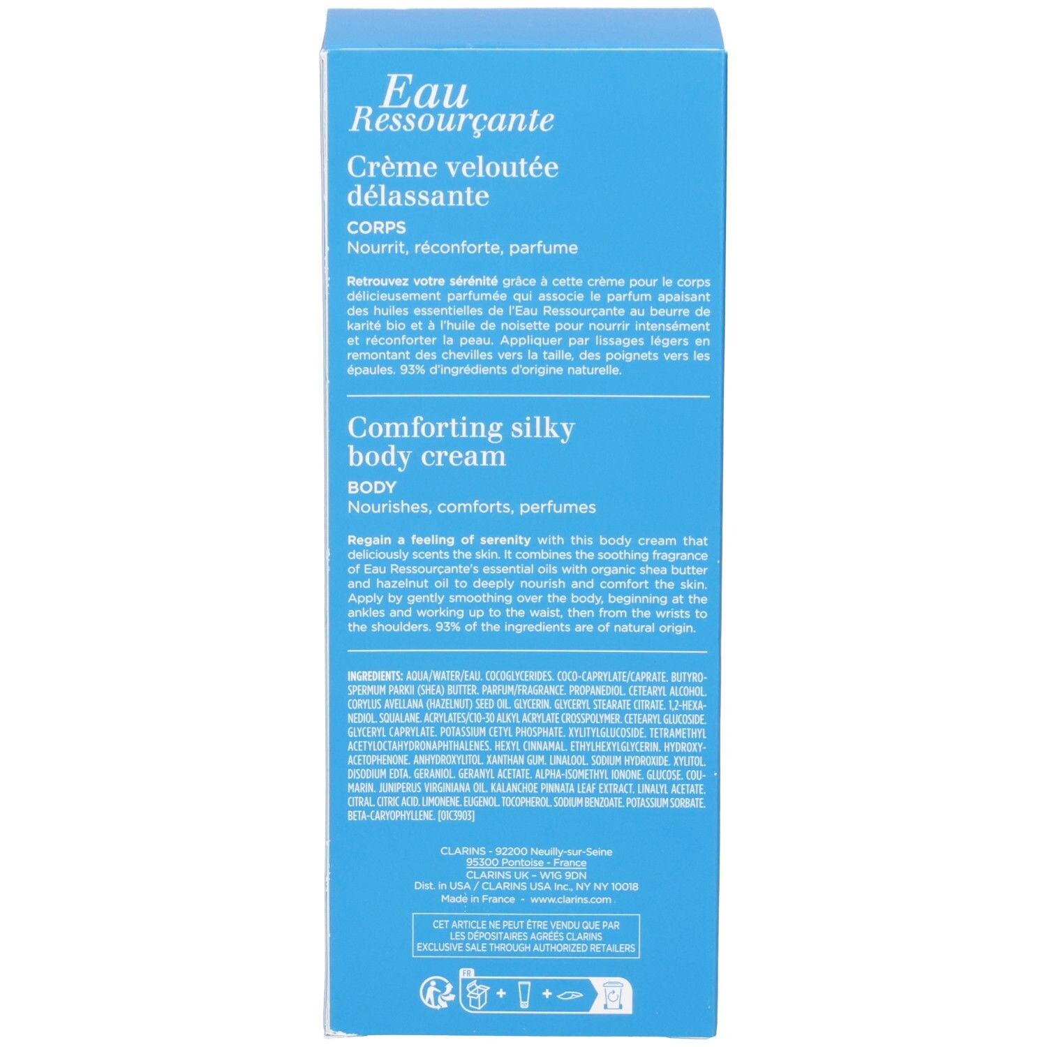 Rückseite der Clarins Eau Ressourçante Körpercreme-Verpackung mit detaillierten Inhaltsstoffen.