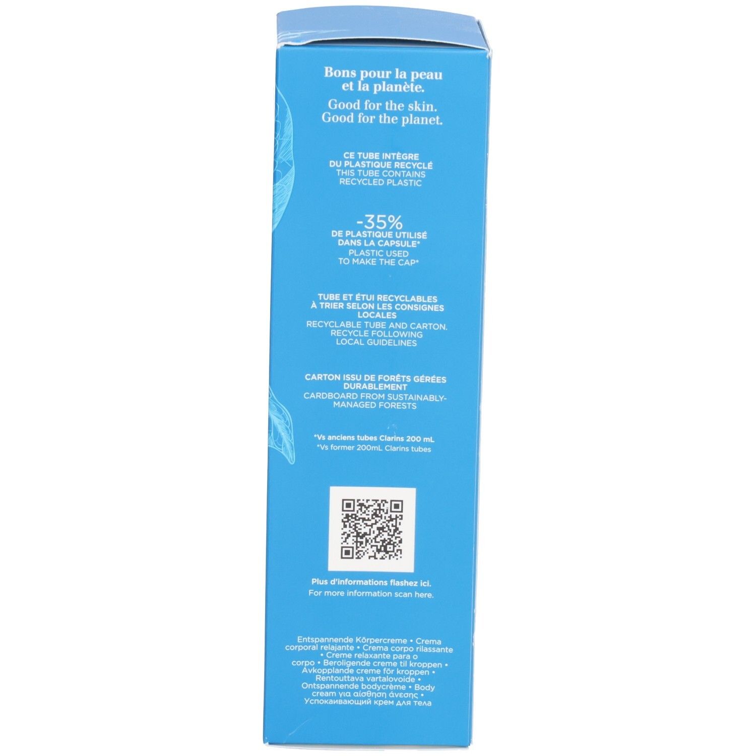 Seite der Clarins Eau Ressourçante Körpercreme-Verpackung mit Informationen zur Nachhaltigkeit und QR-Code.