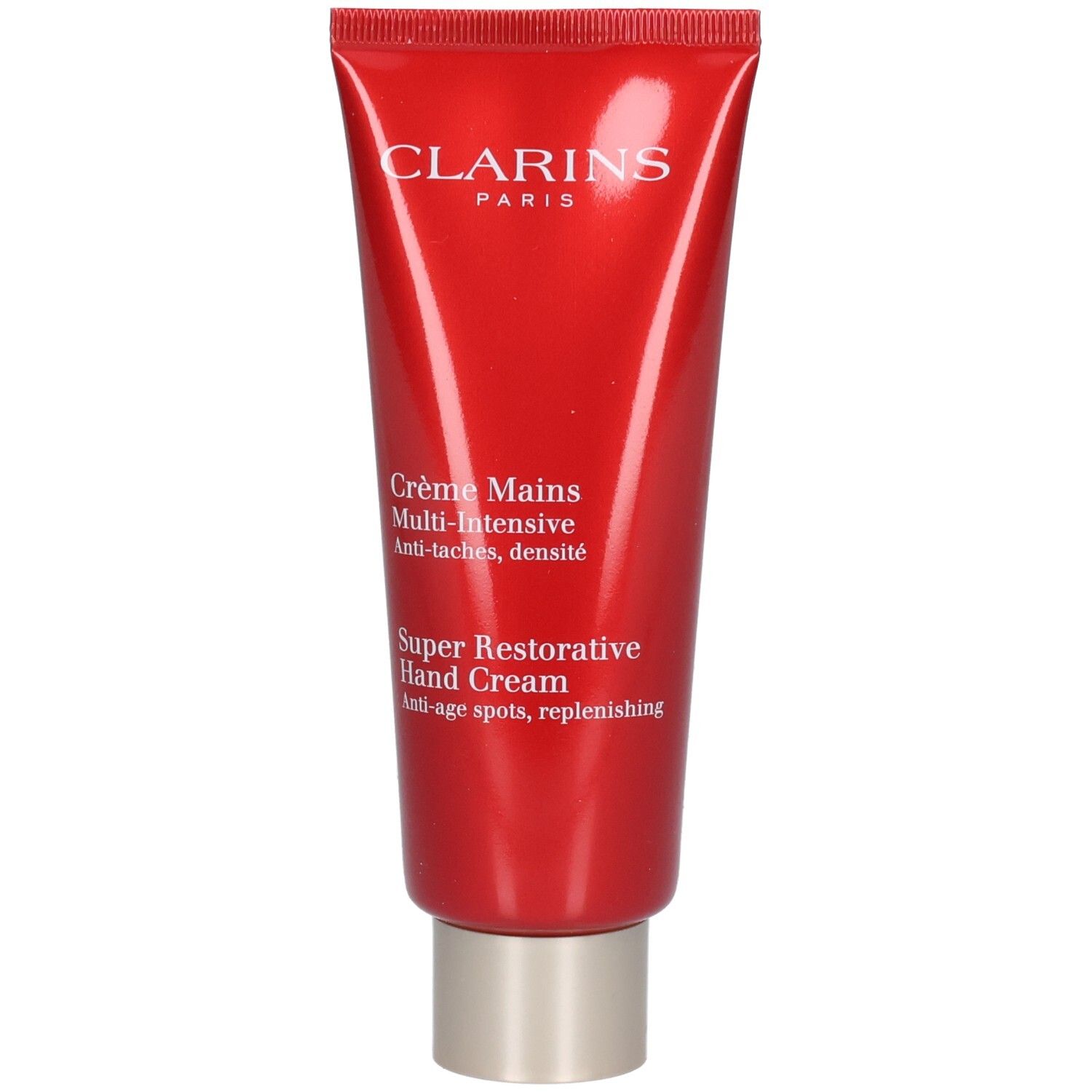 Rote Tube Clarins Handcreme mit silbernem Verschluss. Frontetikett mit Produktnamen.