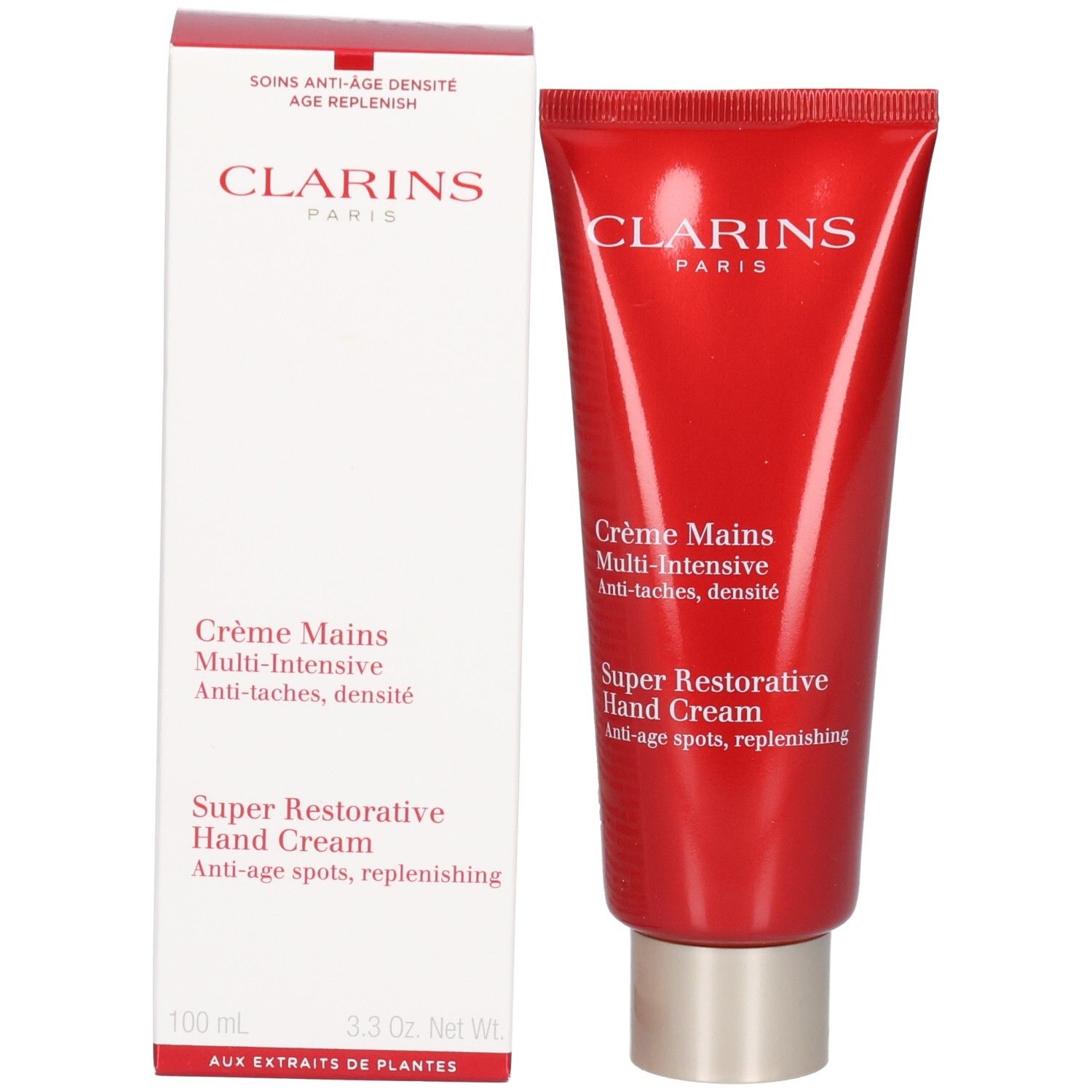 Clarins Handcreme-Tube neben ihrer weißen Verpackungsbox. Beide zeigen Produktinformationen.