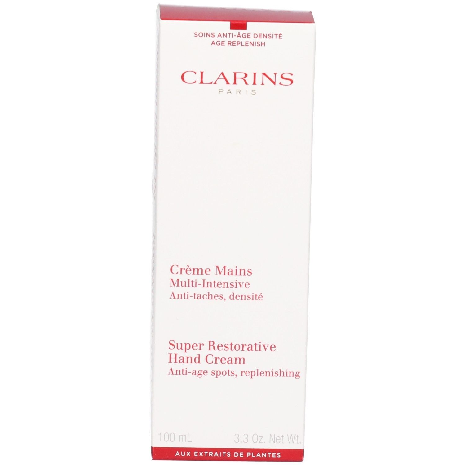 Weiße Verpackungsbox für Clarins Handcreme. Zeigt den Markennamen und Produktbezeichnungen.