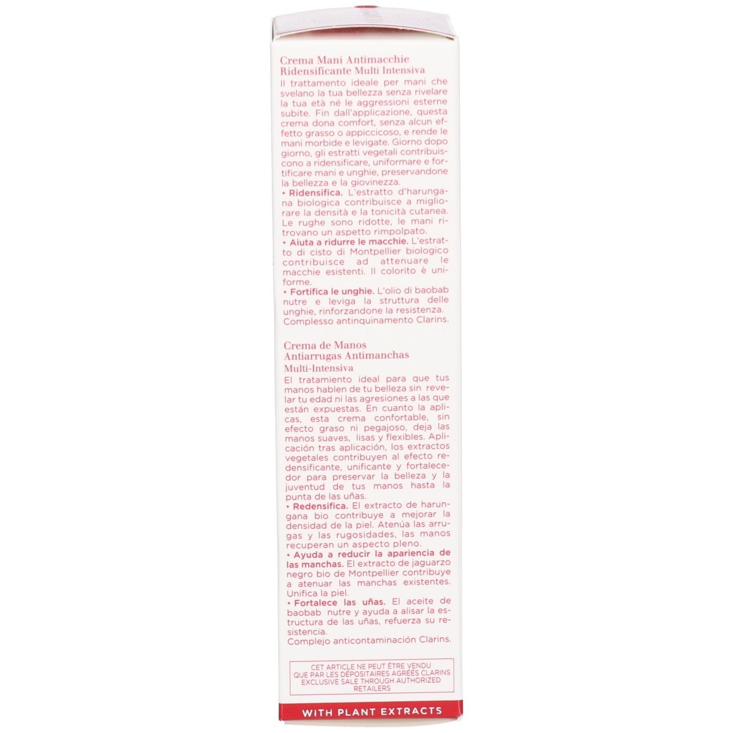Seite einer Clarins Handcreme-Verpackungsbox mit detaillierten Produktbeschreibungen in mehreren Sprachen.