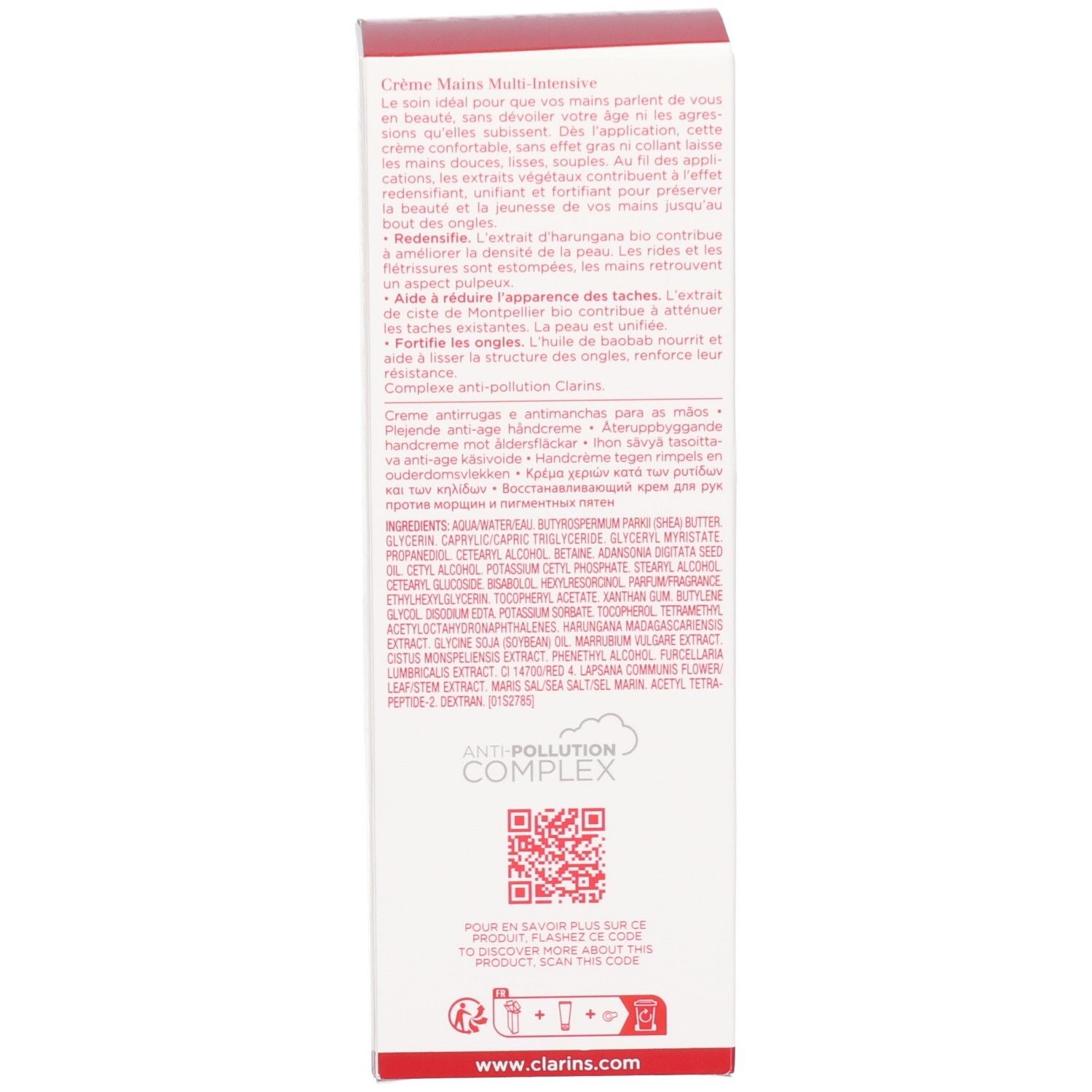 Seite einer Clarins Handcreme-Verpackungsbox mit Inhaltsstoffen, QR-Code und Website.