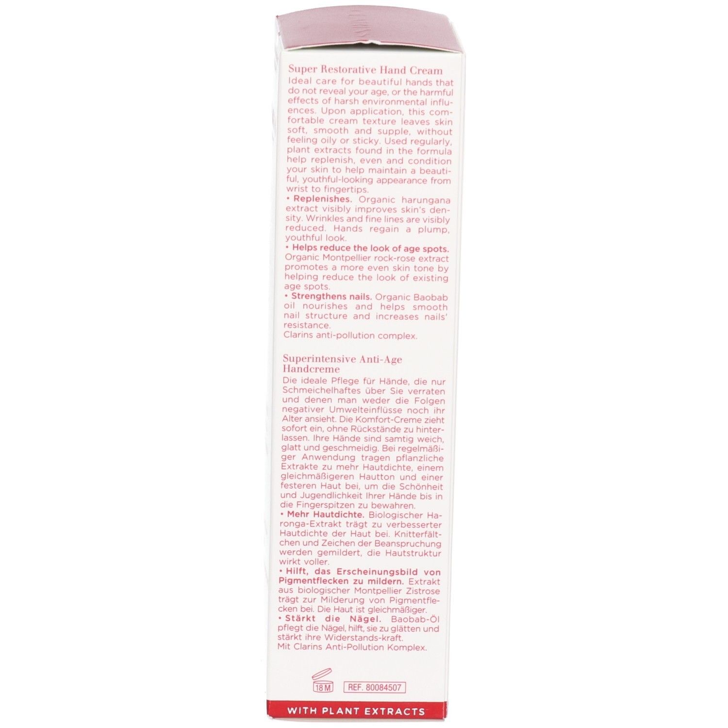 Seite einer Clarins Handcreme-Verpackungsbox mit englischen und deutschen Produktbeschreibungen.