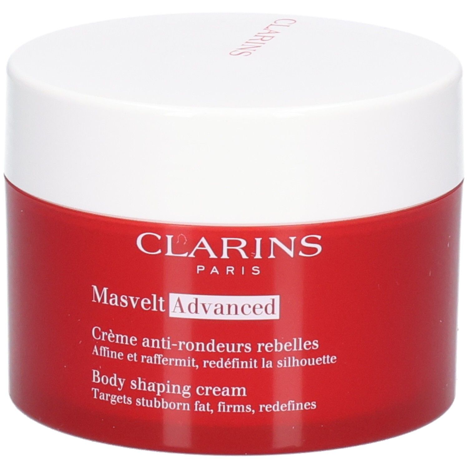 Clarins Masvelt Advanced Körpercreme in rotem Tiegel mit weißem Deckel.