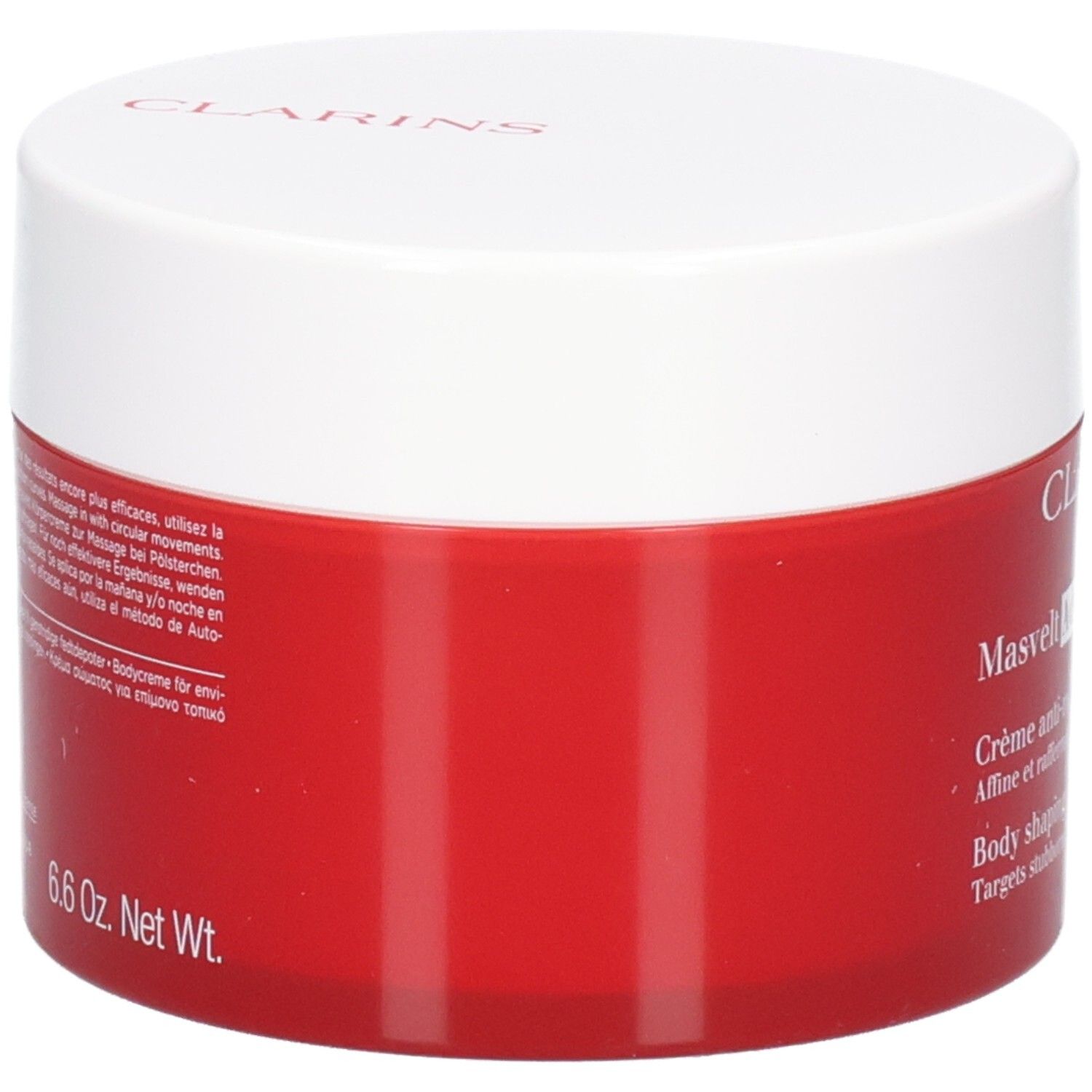 Clarins Masvelt Advanced Körpercreme, Seitenansicht des roten Tiegels mit weißem Deckel.