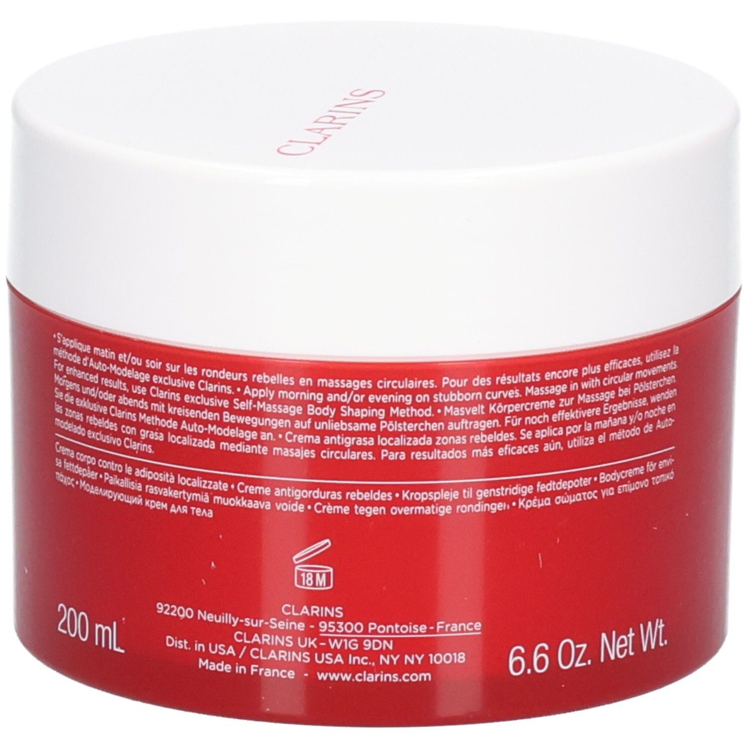 Clarins Masvelt Advanced Körpercreme, Rückseite des roten Tiegels mit Produktinformationen und 200 ml Angabe.