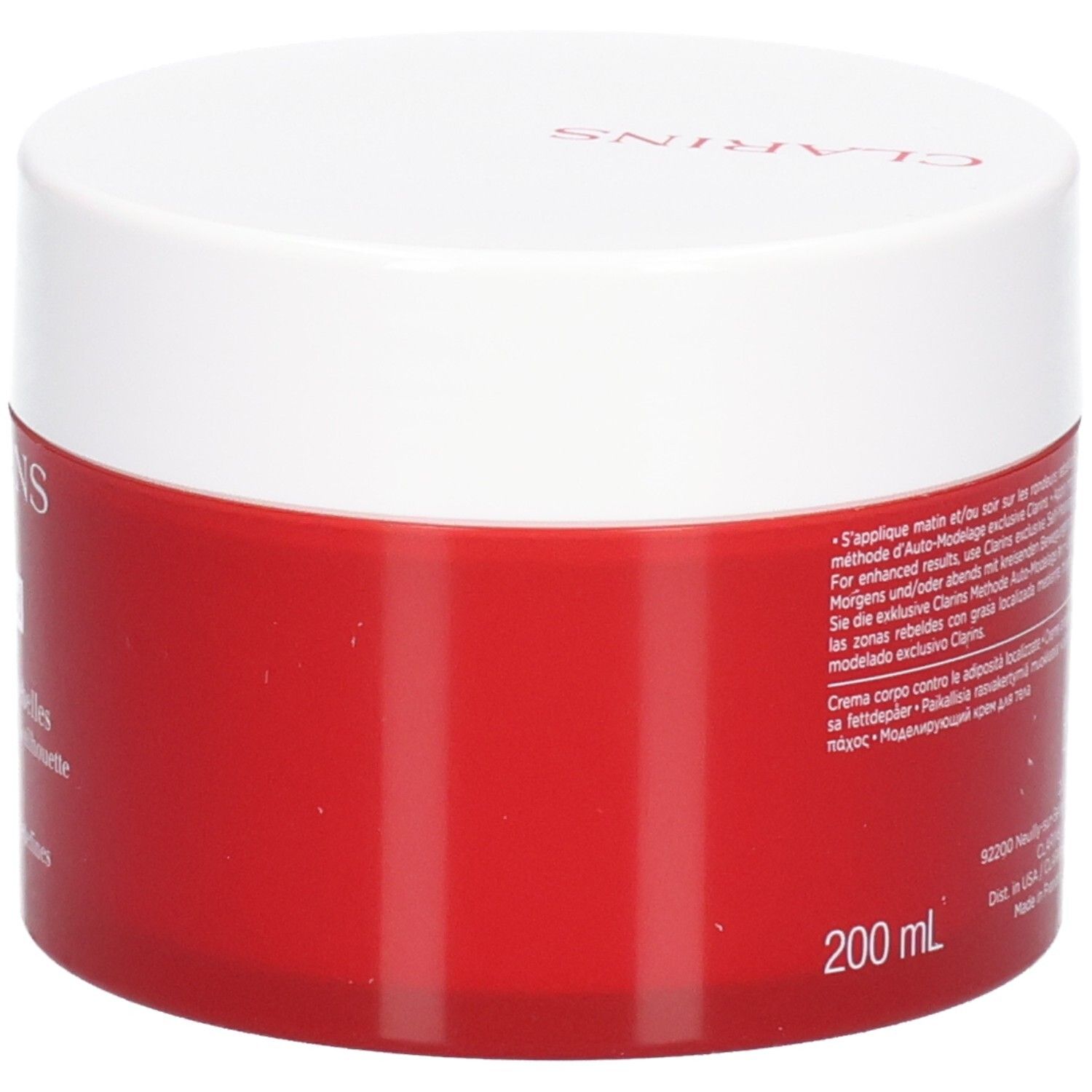 Clarins Masvelt Advanced Körpercreme, Seitenansicht des roten Tiegels mit weißem Deckel und Text.