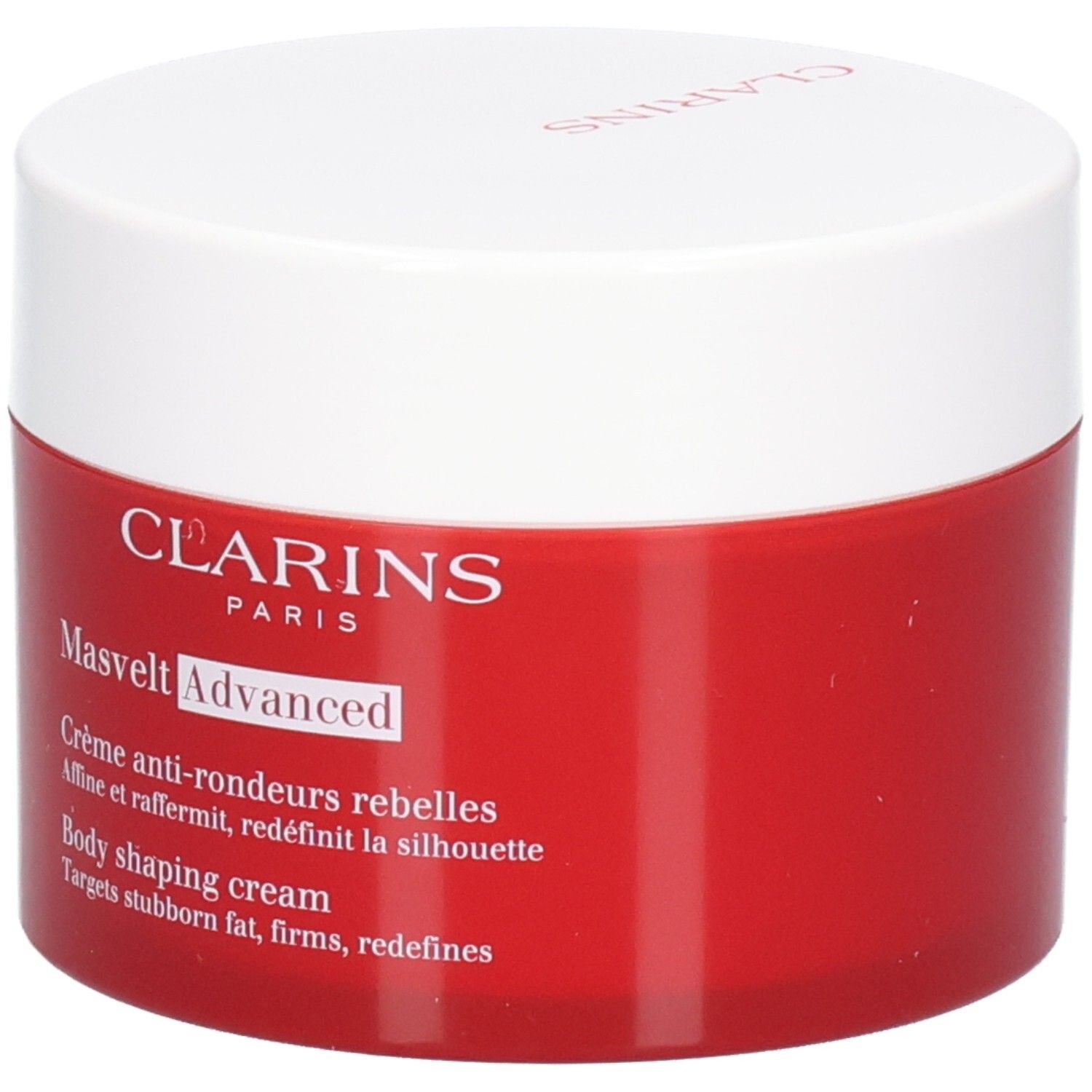 Clarins Masvelt Advanced Körpercreme in rotem Tiegel mit weißem Deckel, Vorderansicht.