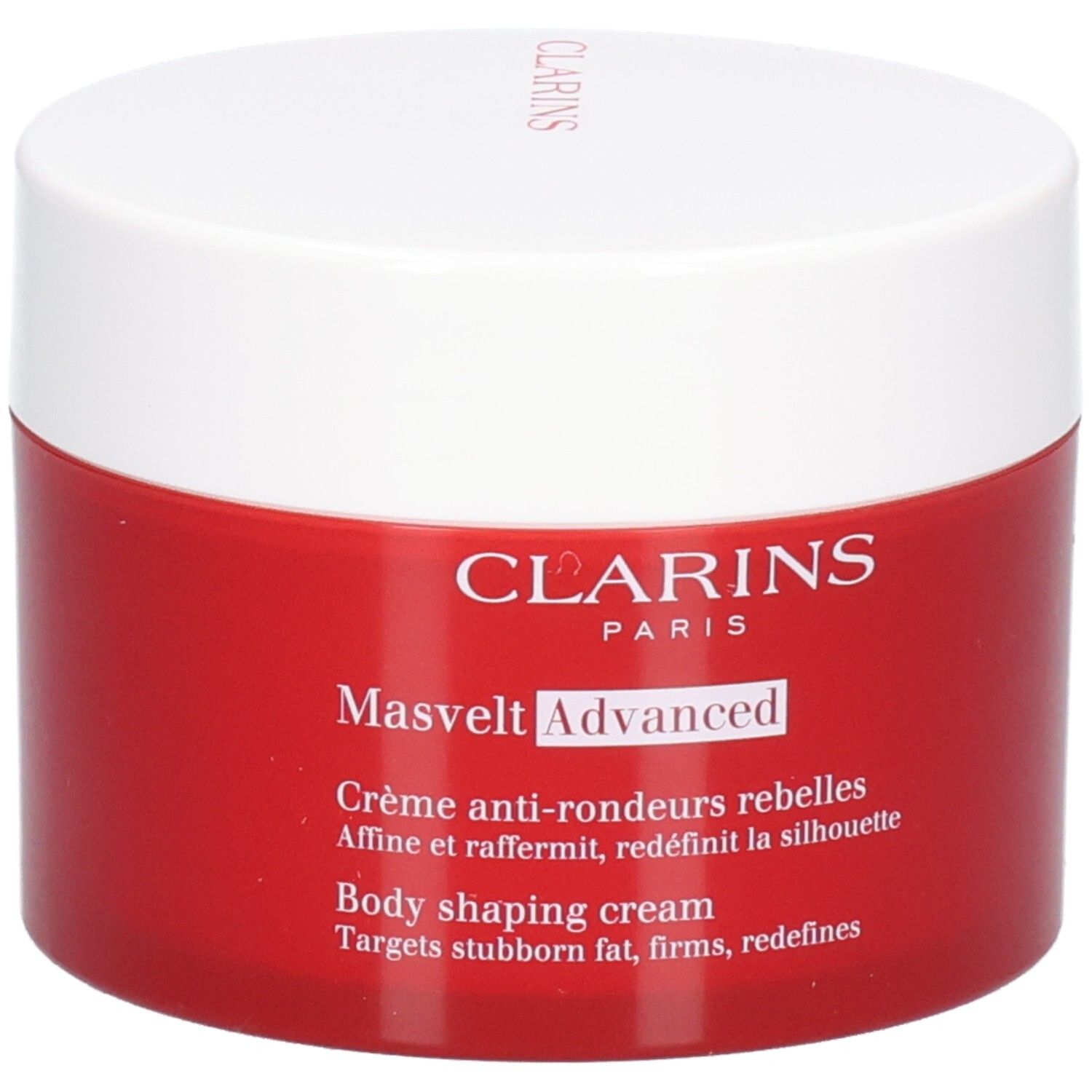 Clarins Masvelt Advanced Körpercreme in rotem Tiegel mit weißem Deckel, leicht schräg.