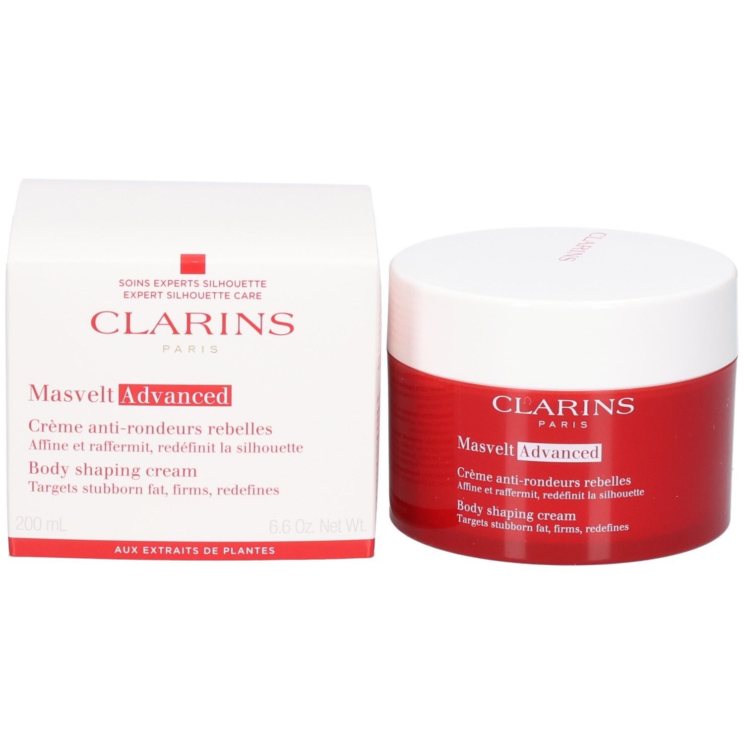 Clarins Masvelt Advanced Körpercreme und Verpackung, roter Tiegel und weiße Box.