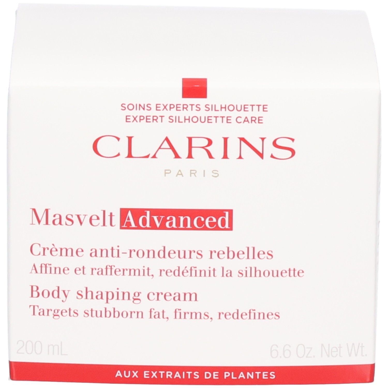 Verpackung der Clarins Masvelt Advanced Körpercreme, weiße Box mit roten Akzenten.