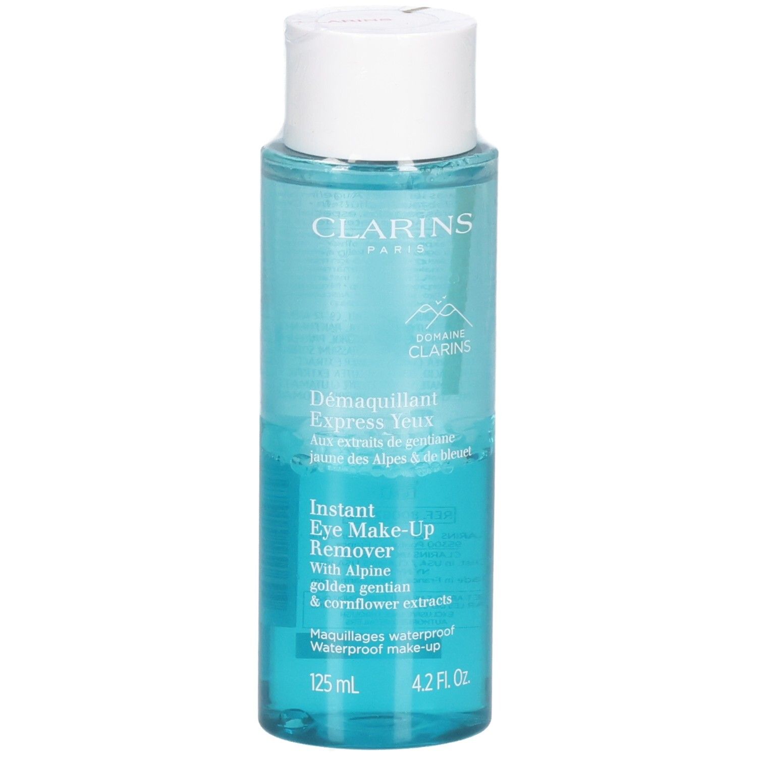 Clarins Instant Eye Make-Up Remover, flacon 125 ml avec liquide bleu.