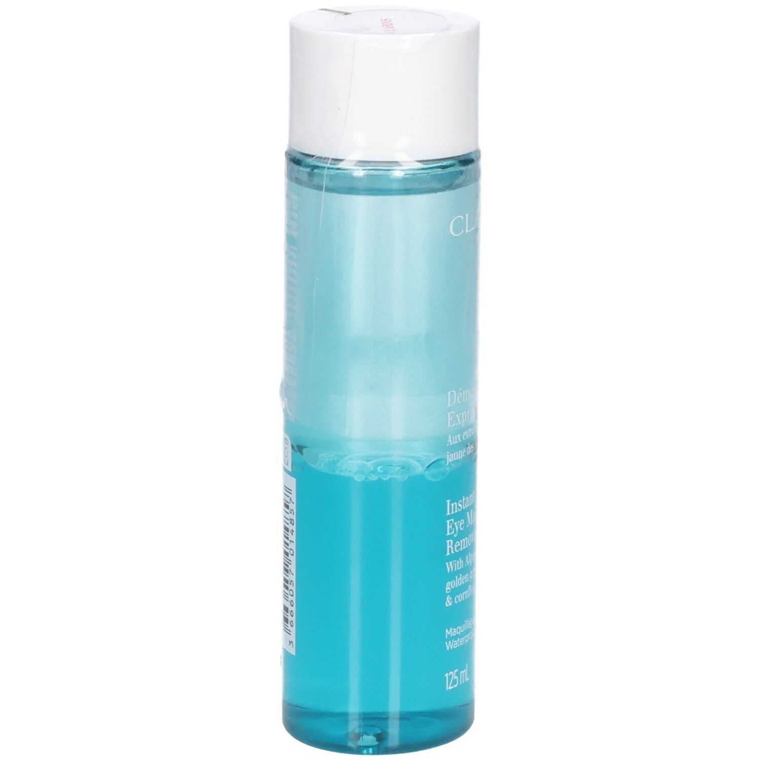 Clarins Instant Eye Make-Up Remover, arrière du flacon 125 ml avec liquide bleu.