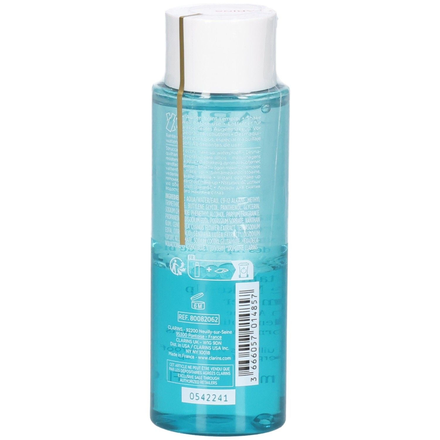 Clarins Instant Eye Make-Up Remover, arrière du flacon 125 ml avec liquide bleu et étiquettes.
