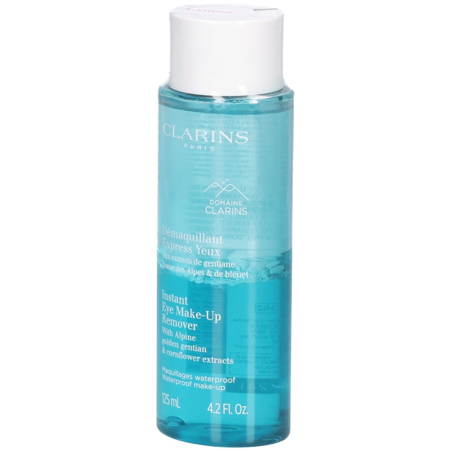 Clarins Instant Eye Make-Up Remover, flacon 125 ml avec liquide bleu et étiquettes.