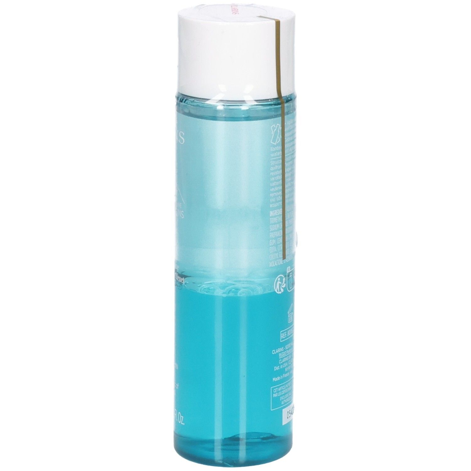 Clarins Instant Eye Make-Up Remover, flacon 125 ml avec liquide bleu, de côté.