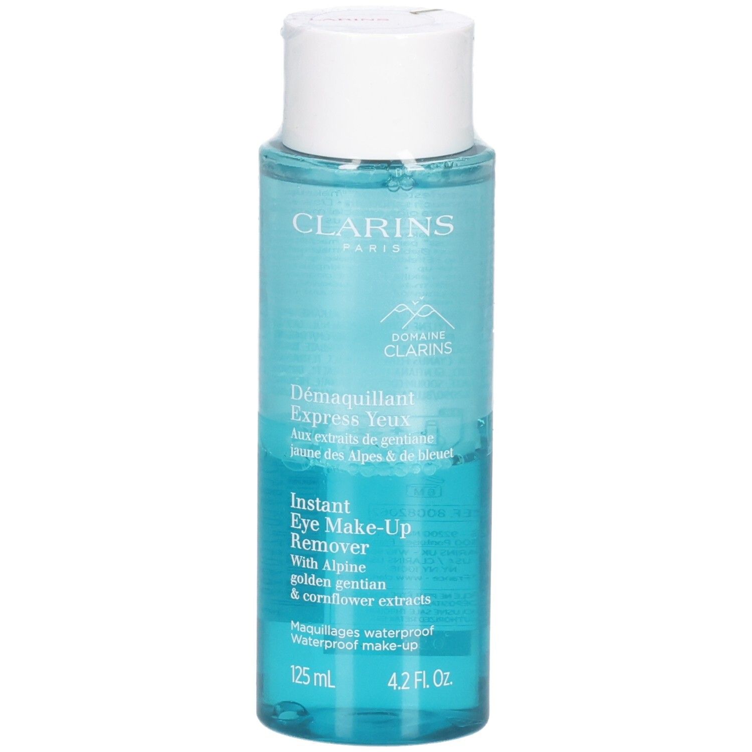 Clarins Instant Eye Make-Up Remover, flacon 125 ml avec liquide bleu, face avant.