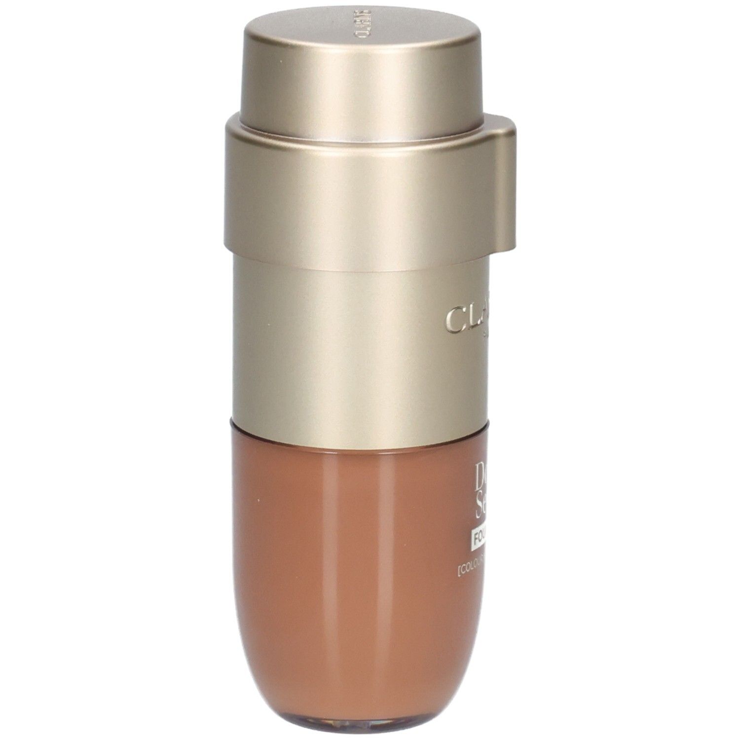 Clarins Double Serum Foundation Flasche mit goldfarbenem Pumpspender und hellbraunem Inhalt.