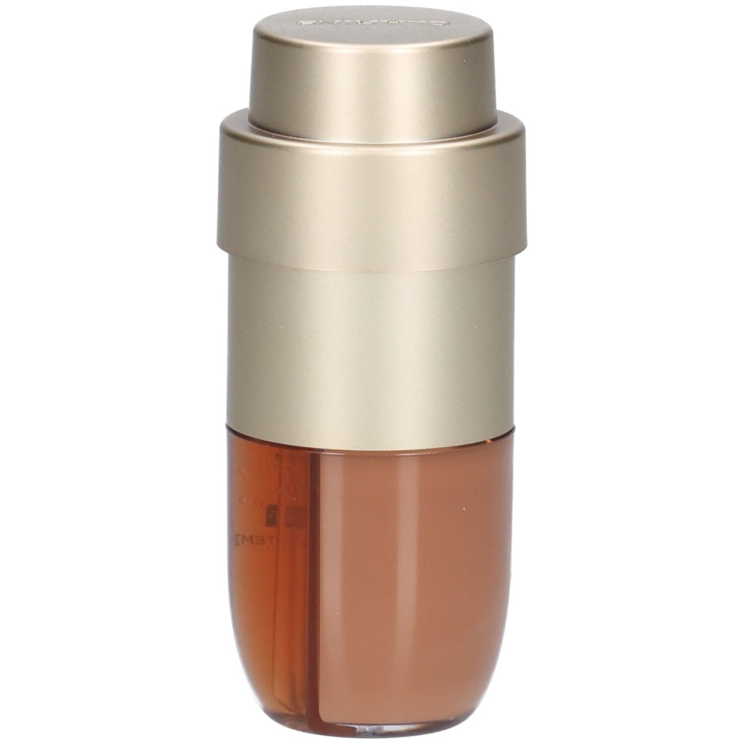 Clarins Double Serum Foundation Flasche mit goldfarbenem Pumpspender und braunem Inhalt.