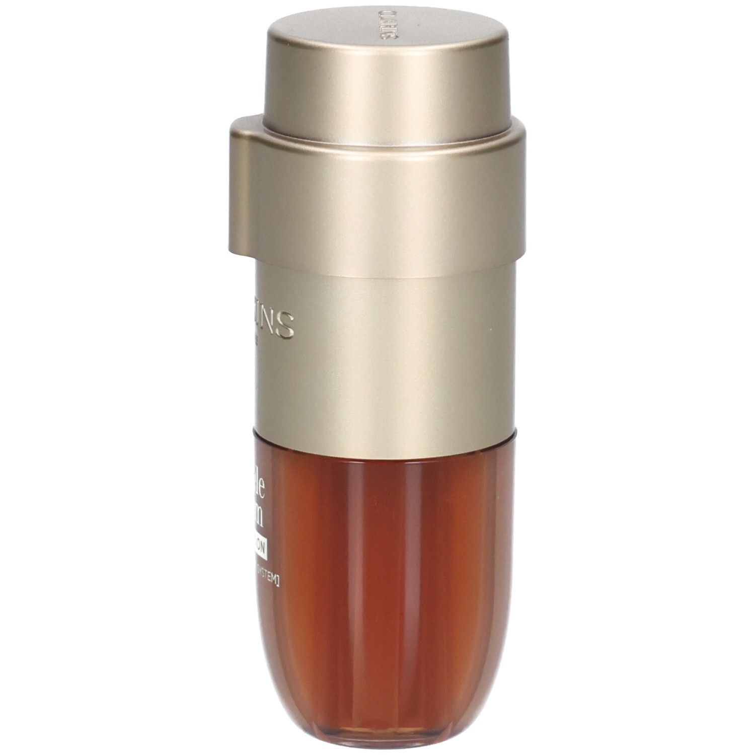 Clarins Double Serum Foundation Flasche mit goldfarbenem Pumpspender und braunem Inhalt.
