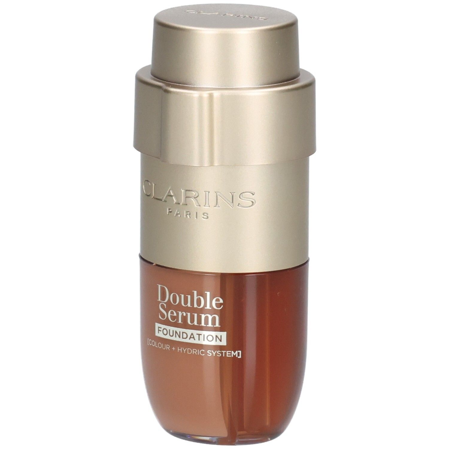 Clarins Double Serum Foundation Flasche mit goldfarbenem Pumpspender und braunem Inhalt.