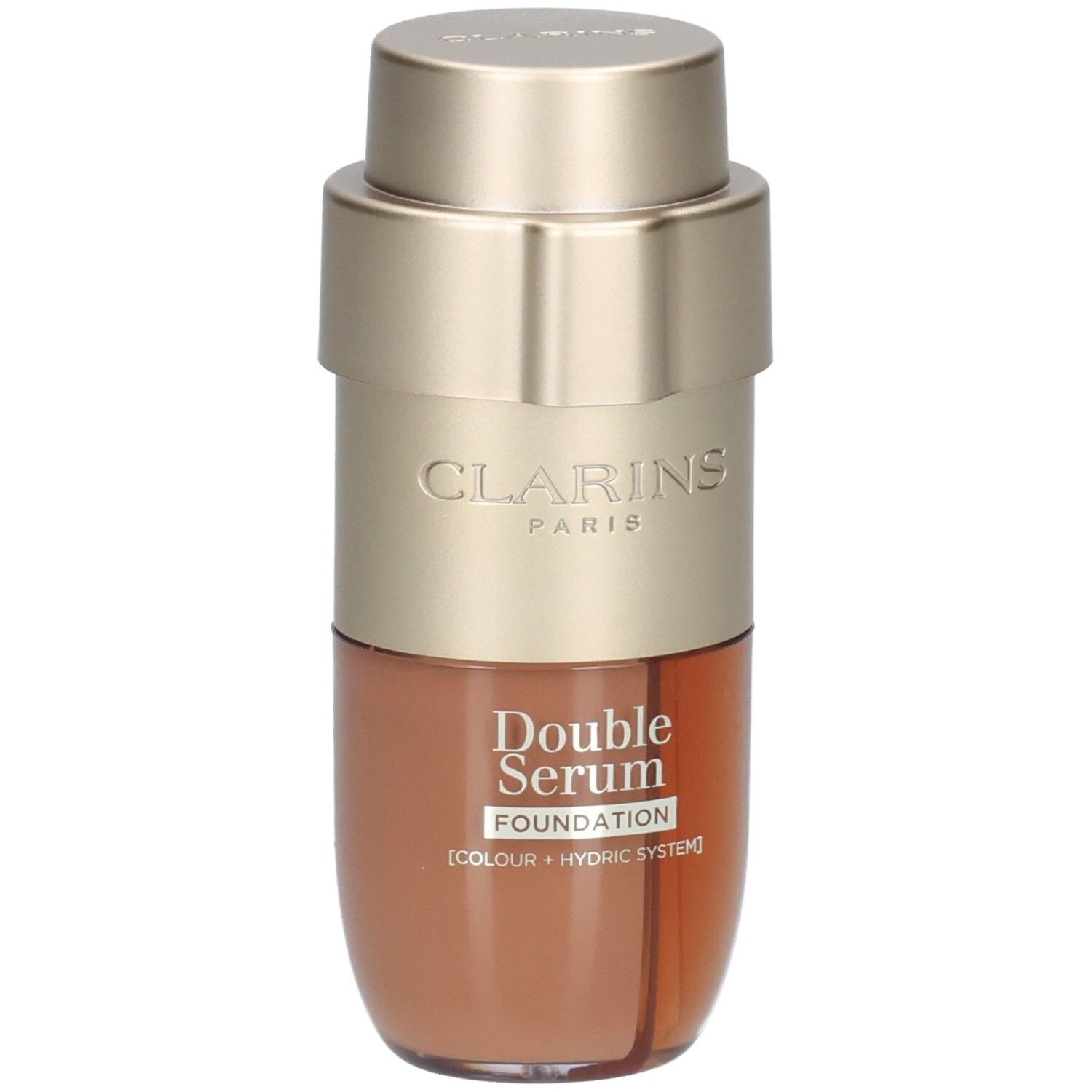 Clarins Double Serum Foundation Flasche mit goldfarbenem Pumpspender und braunem Inhalt.