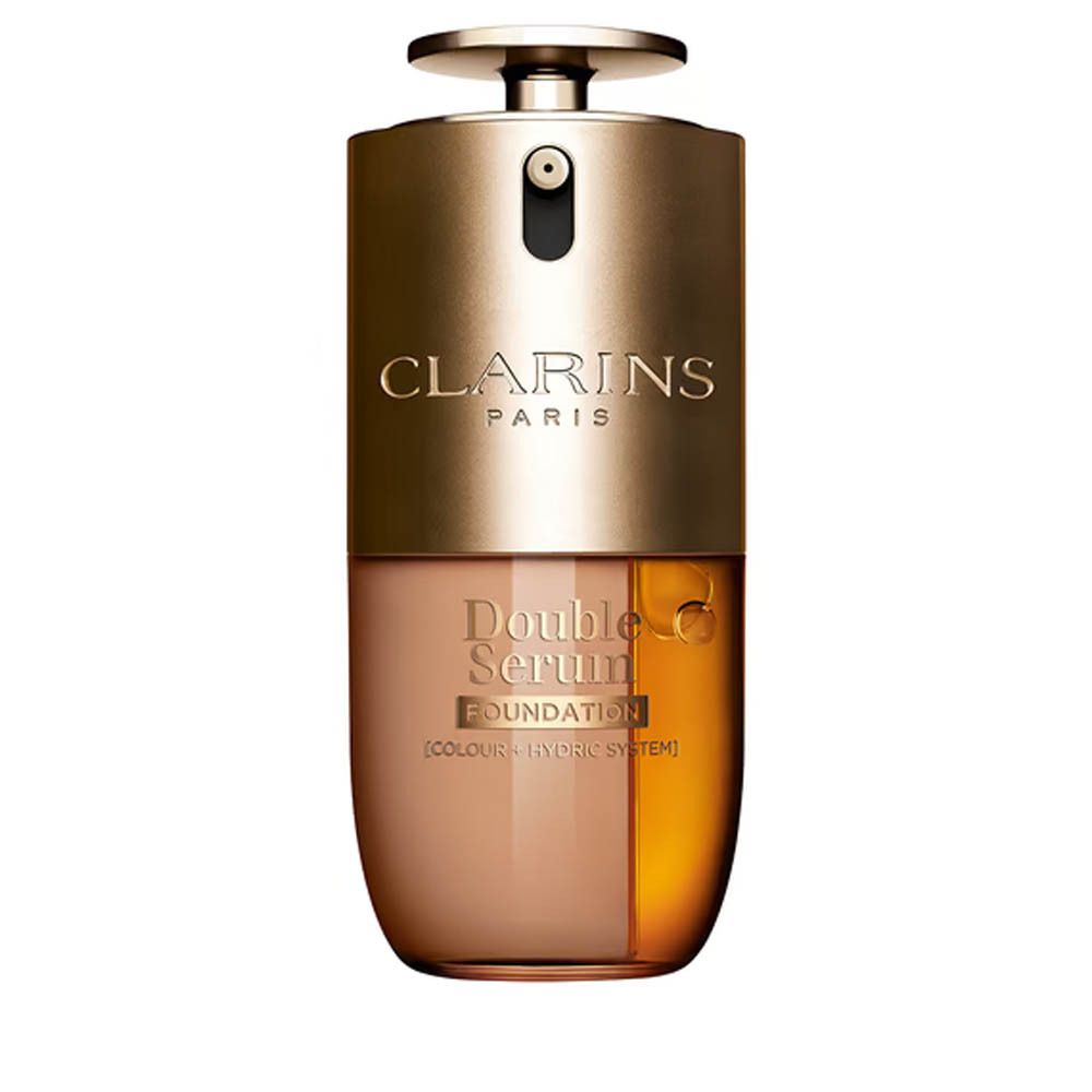 Flacon Clarins Double Serum Foundation avec pompe dorée, contenu bi-phasé.