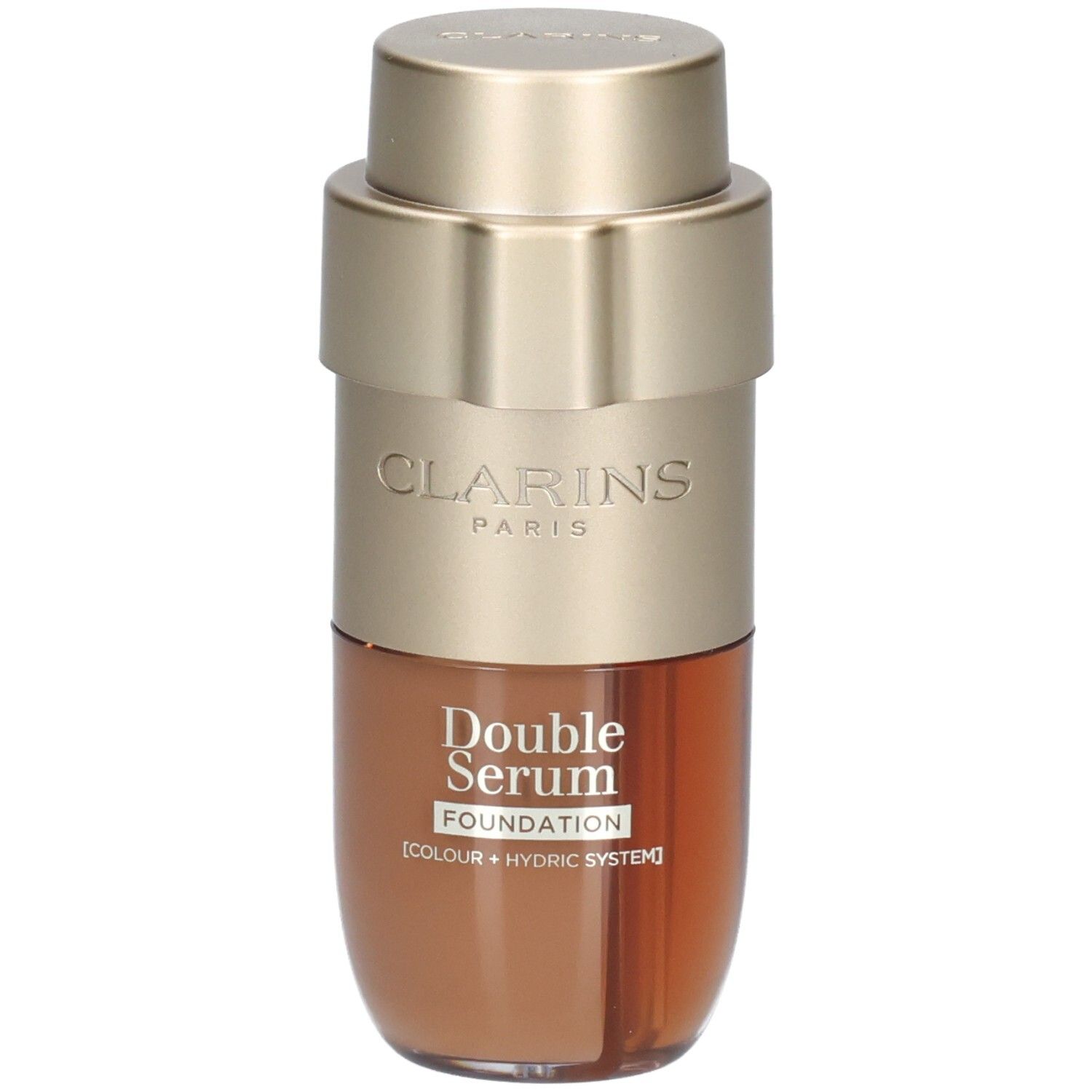 Clarins Double Serum Foundation Flasche mit goldfarbenem Pumpspender und braunem Inhalt.