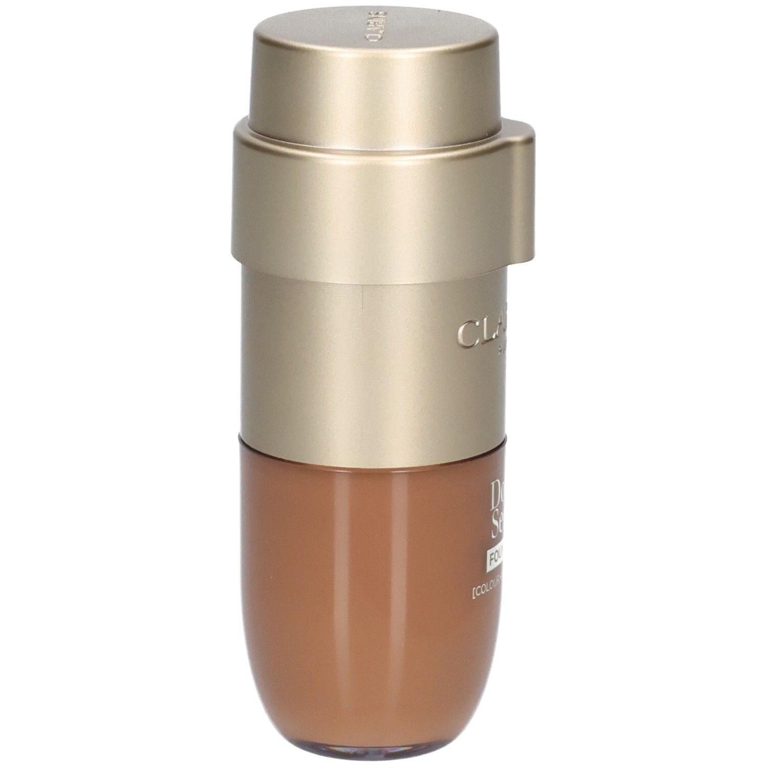 Clarins Double Serum Foundation Flasche, Vorderansicht, goldfarbener Pumpspender, brauner Inhalt.