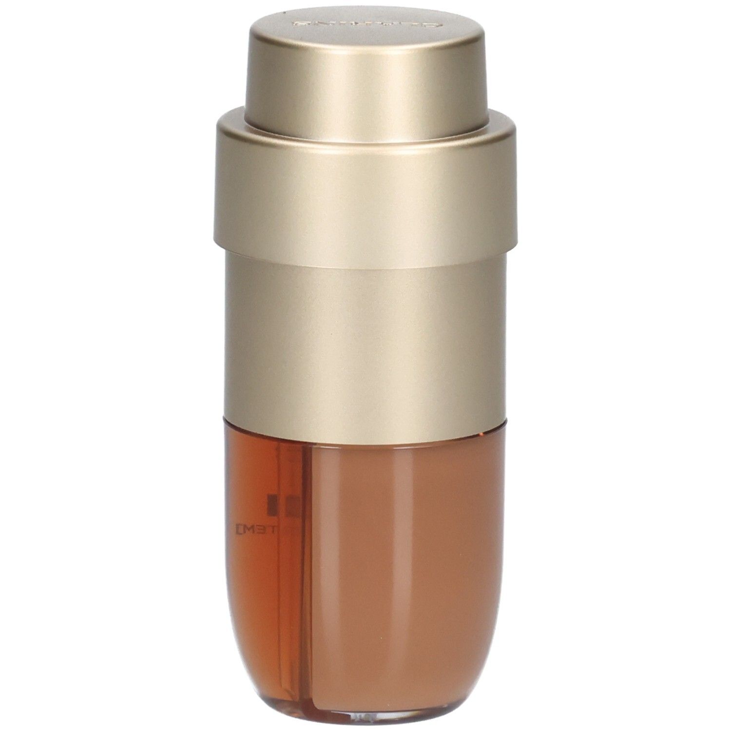 Clarins Double Serum Foundation Flasche, Seitenansicht, goldfarbener Pumpspender, brauner Inhalt.