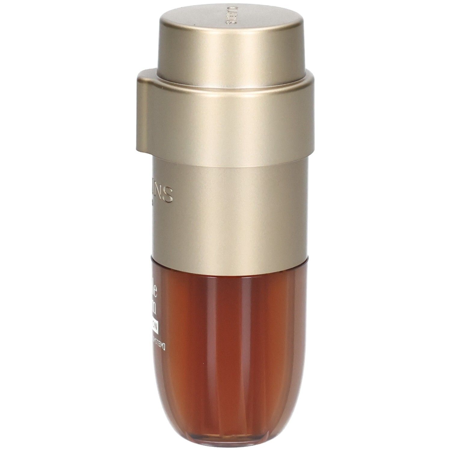 Clarins Double Serum Foundation Flasche, Rückansicht, goldfarbener Pumpspender, brauner Inhalt.