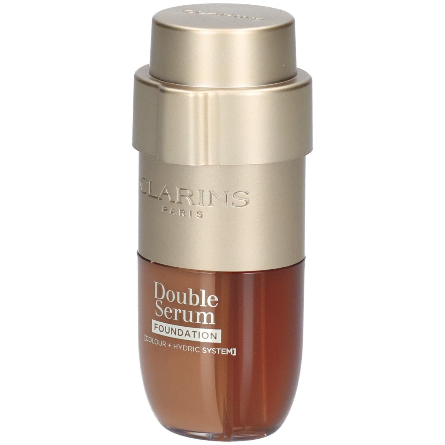 Clarins Double Serum Foundation Flasche mit goldfarbenem Pumpspender und braunem Inhalt.