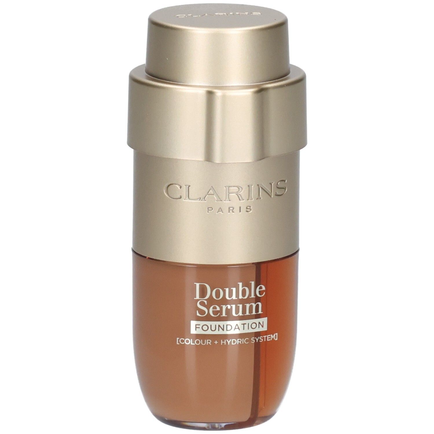 Clarins Double Serum Foundation Flasche mit goldfarbenem Pumpspender und braunem Inhalt.