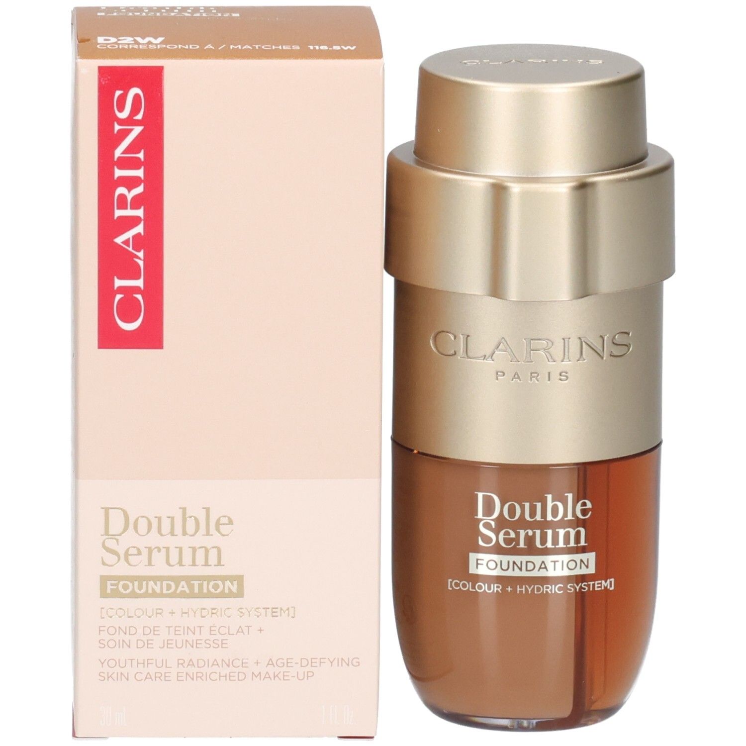 Clarins Double Serum Foundation Flasche und Verpackung, goldfarbener Pumpspender, brauner Inhalt.