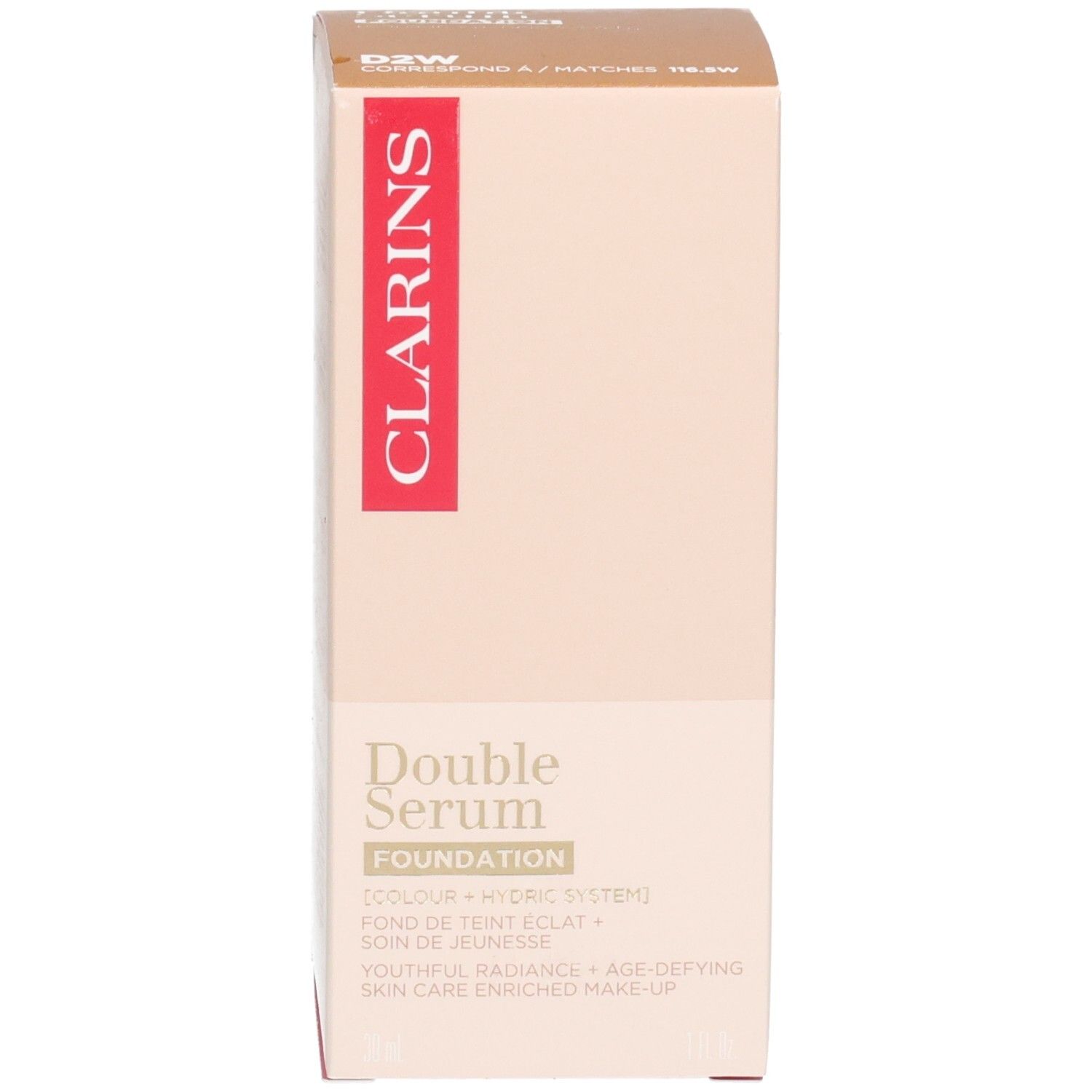 Clarins Double Serum Foundation Verpackung, beige Kartonbox mit Text.