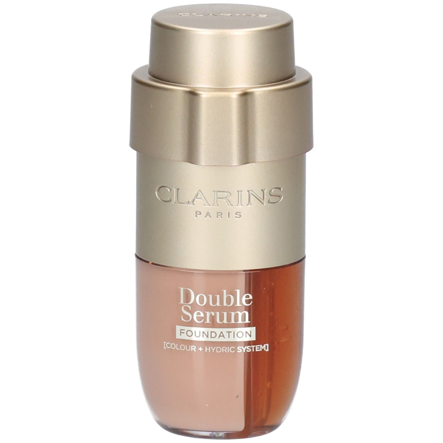 Clarins Double Serum Foundation Flakon mit goldfarbenem Pumpspender und zwei Kammern für Serum und Foundation.